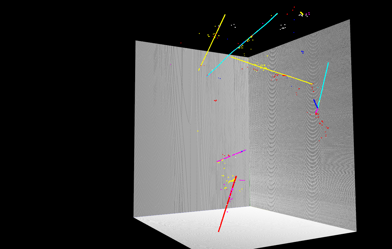 3D view of neutrino interaction (towards the right) versus cosmic interactions.